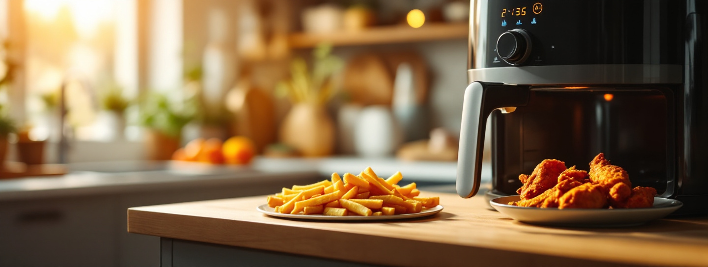 Heißluftfritteuse mit knusprigen Pommes auf moderner Kücheninsel