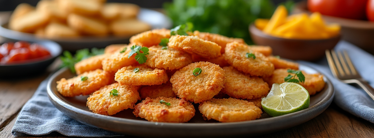 Verschiedene Airfryer-Gerichte auf einem gedeckten Tisch