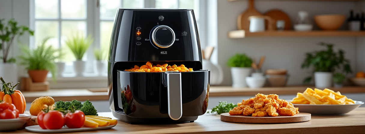 Großer XXL Airfryer mit Hähnchen und Gemüse